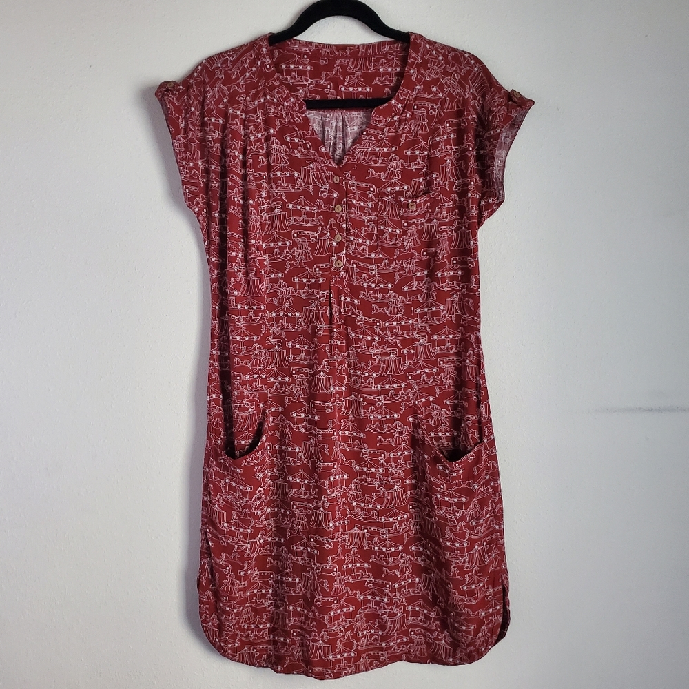 Faithful & True Carousel Circus Novelty Print Shirt Dress Women's M Red